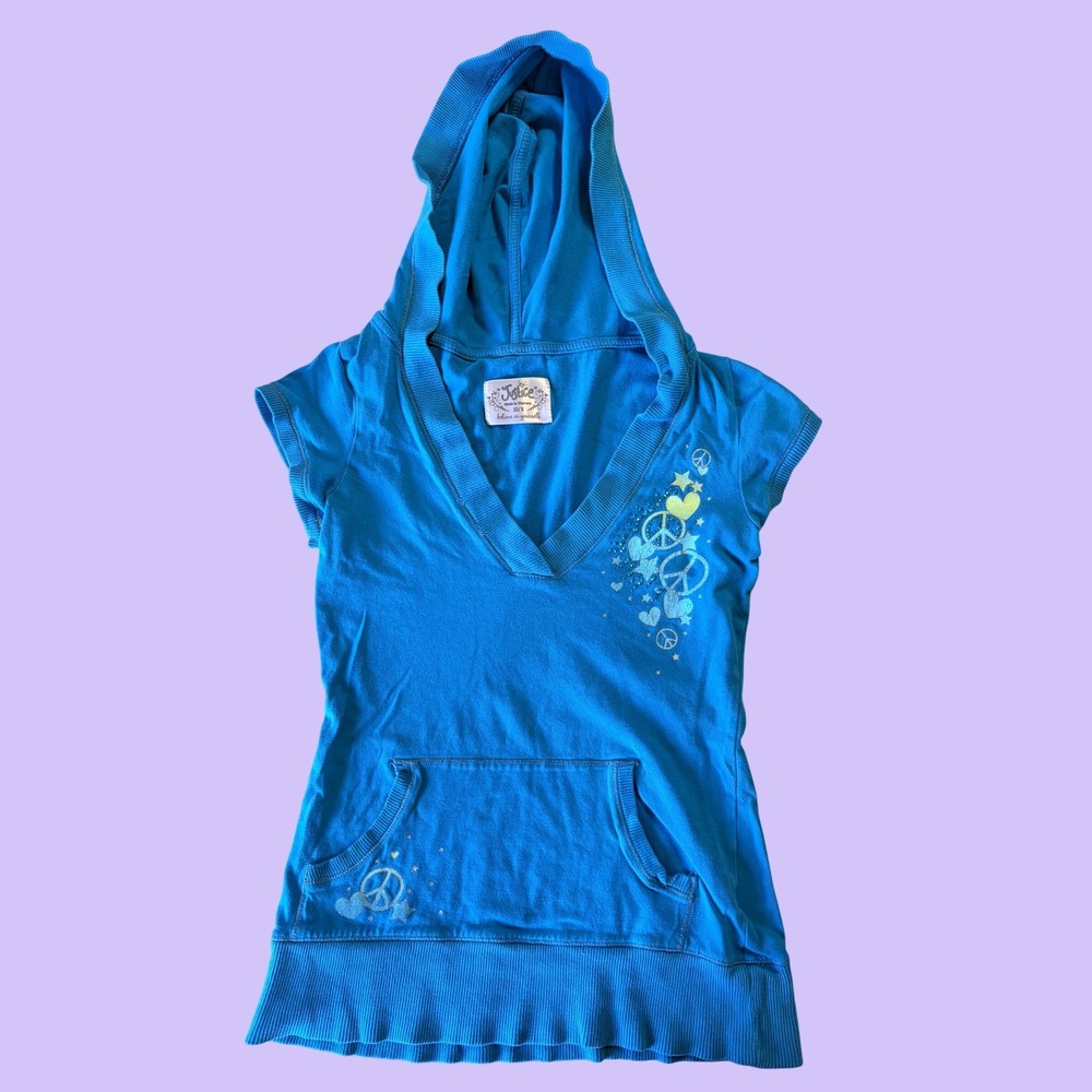Y2K Justice Short Sleeve Peace Sign Heart Graphic Hoodie Scene Grunge #17
